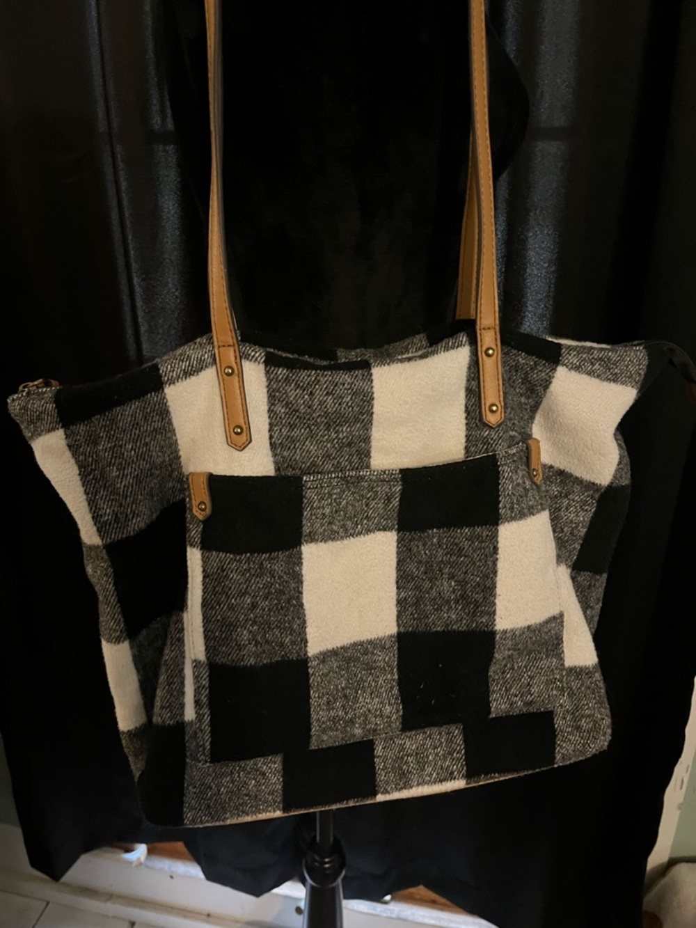 Black & White Plaid Tote Bag with Tan Handles